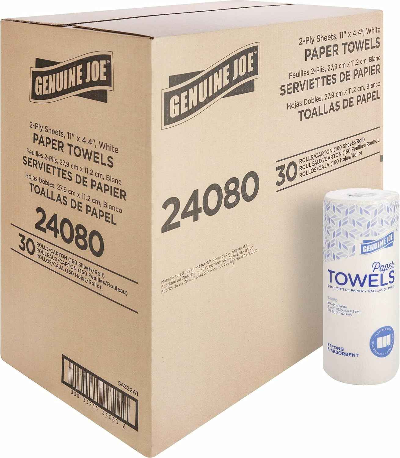 Genuine Joe Household Paper Towels, 2-Ply, 11" x 4.4", 200 Sheets/Roll (Pack of 24)