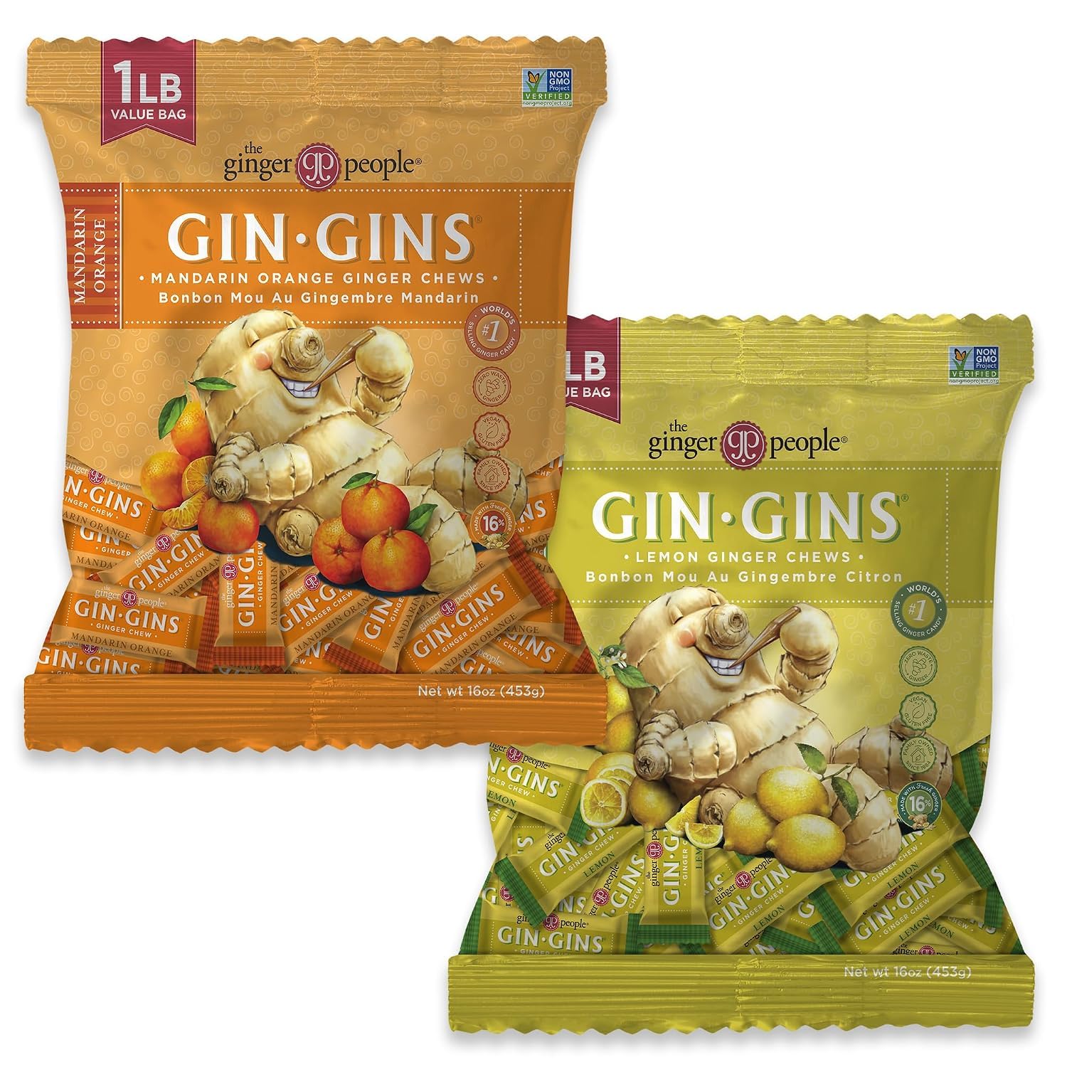 GIN GINS Lemon & Mandarin-Orange Ginger Chew – Variety Pack – 1 lb 2PK