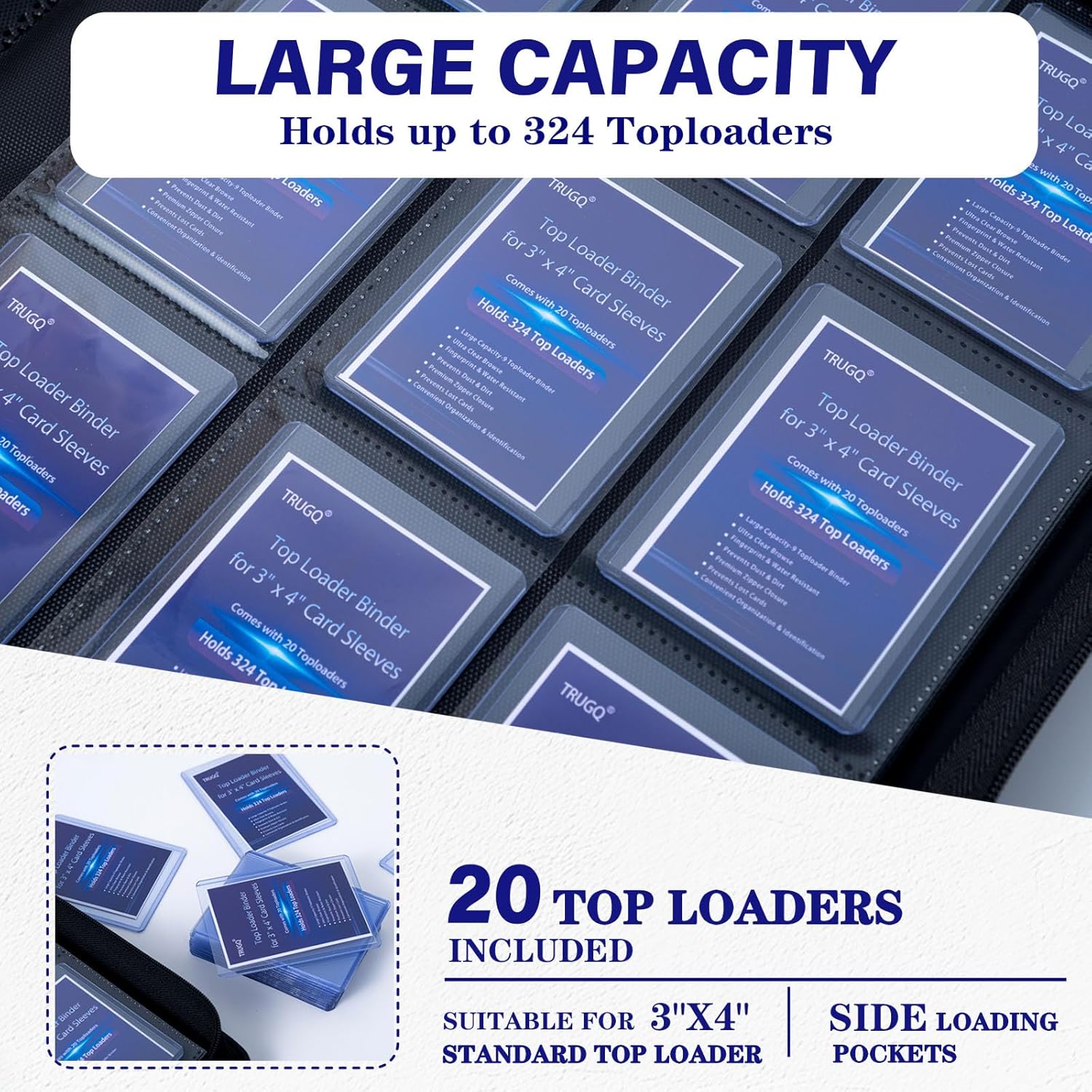 Toploader Binder Holds 324 Toploaders - 20 Toploaders|Waterproof PU Leather + Anti-Yellowing PP Inserts | Ridge Tab Sorting Portable top loader binder for cards(For Sports/Game Cards)