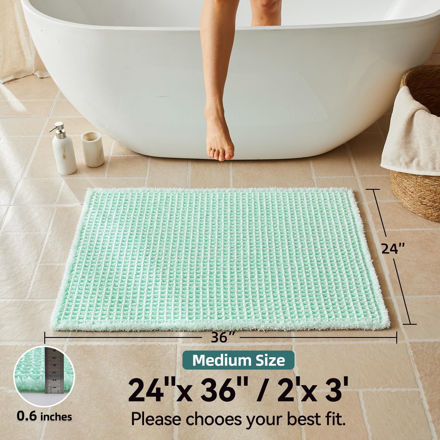 Triohero Waffle Bath Mat, Boho Bathroom Rugs Non Slip, 24x36 Sea Foam Blue
