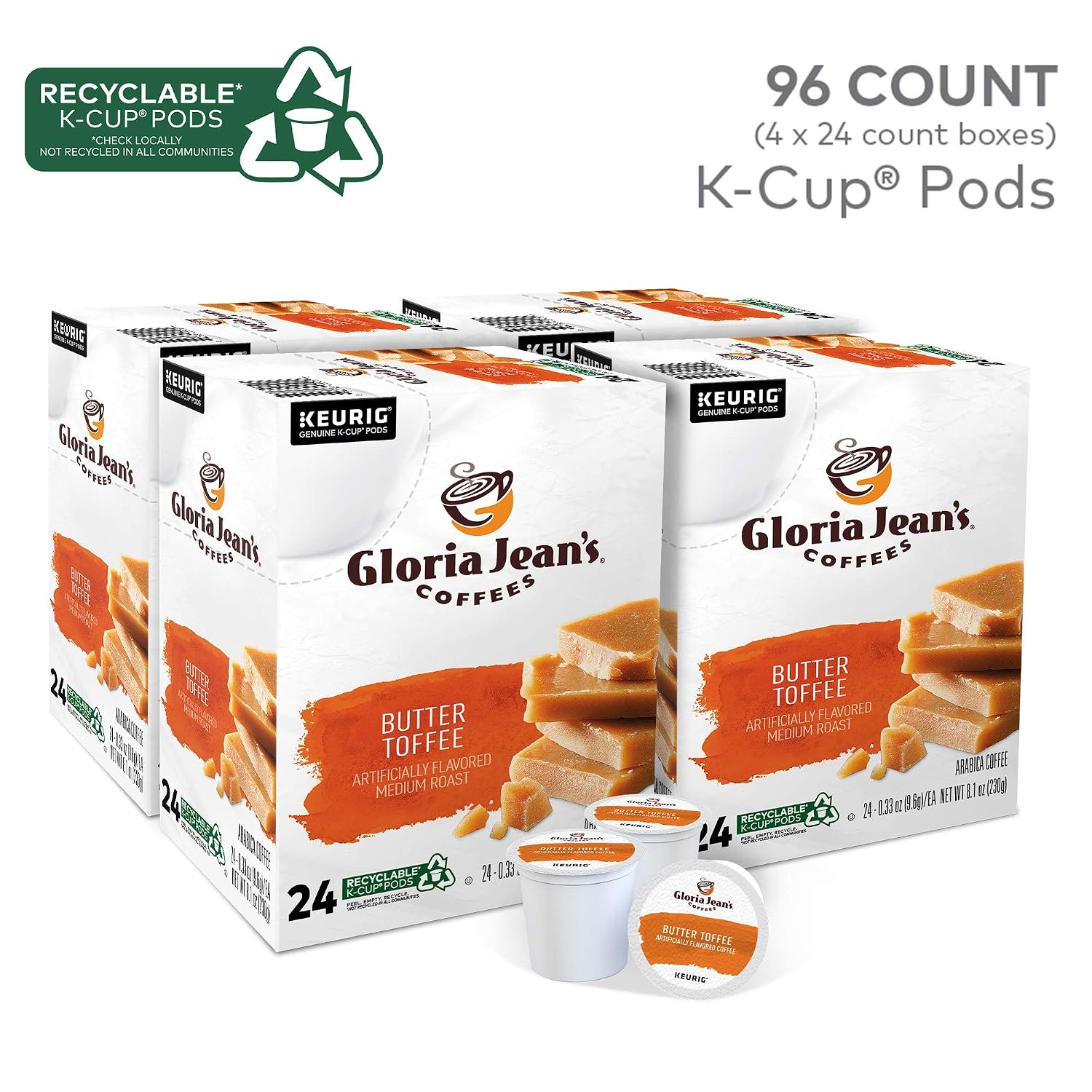 Gloria Jean's Coffees Butter Toffee, Single-Serve Keurig K-Cup Pods, Flavored Medium Roast Coffee, 96 Count