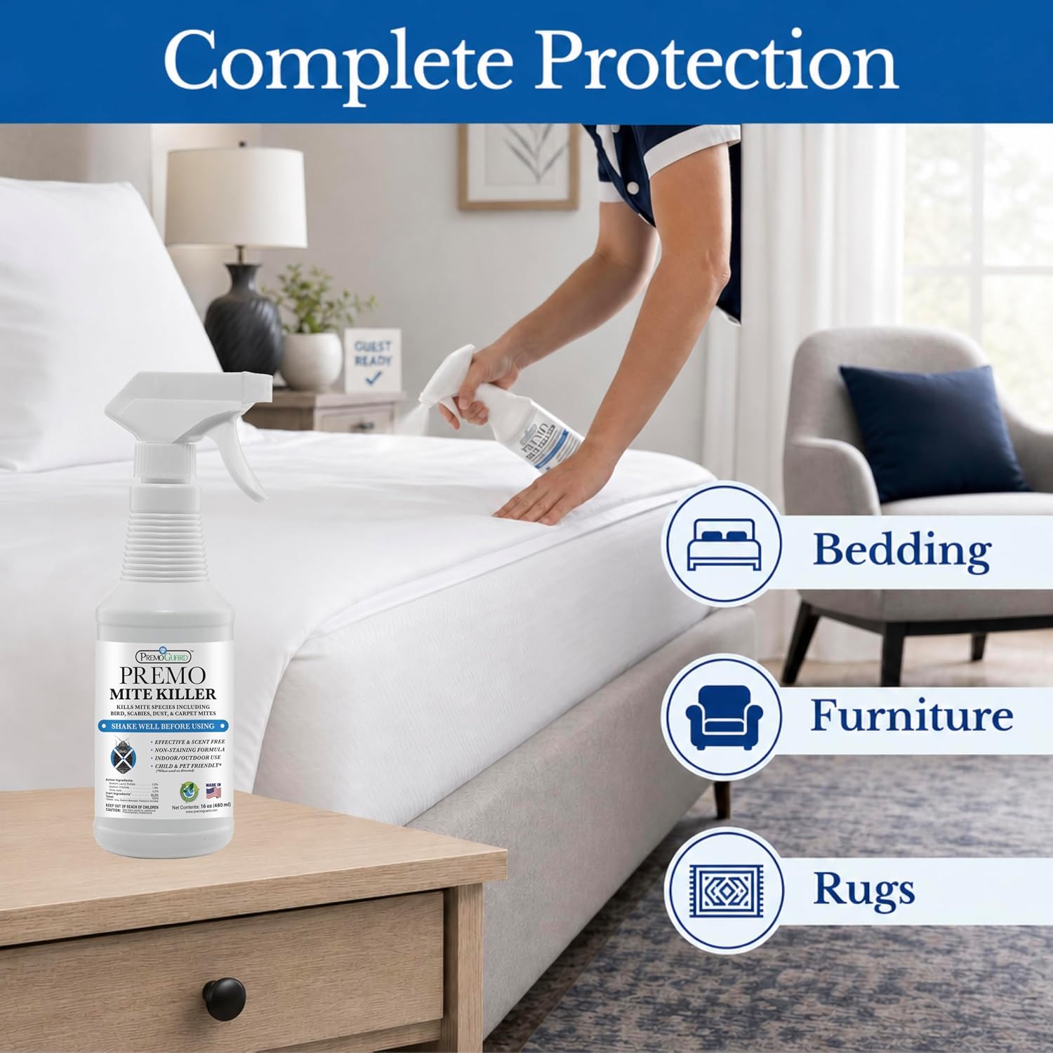 Premo Guard Natural Mite Spray, Kills Dust, Bird, Carpet Mites - 16 oz