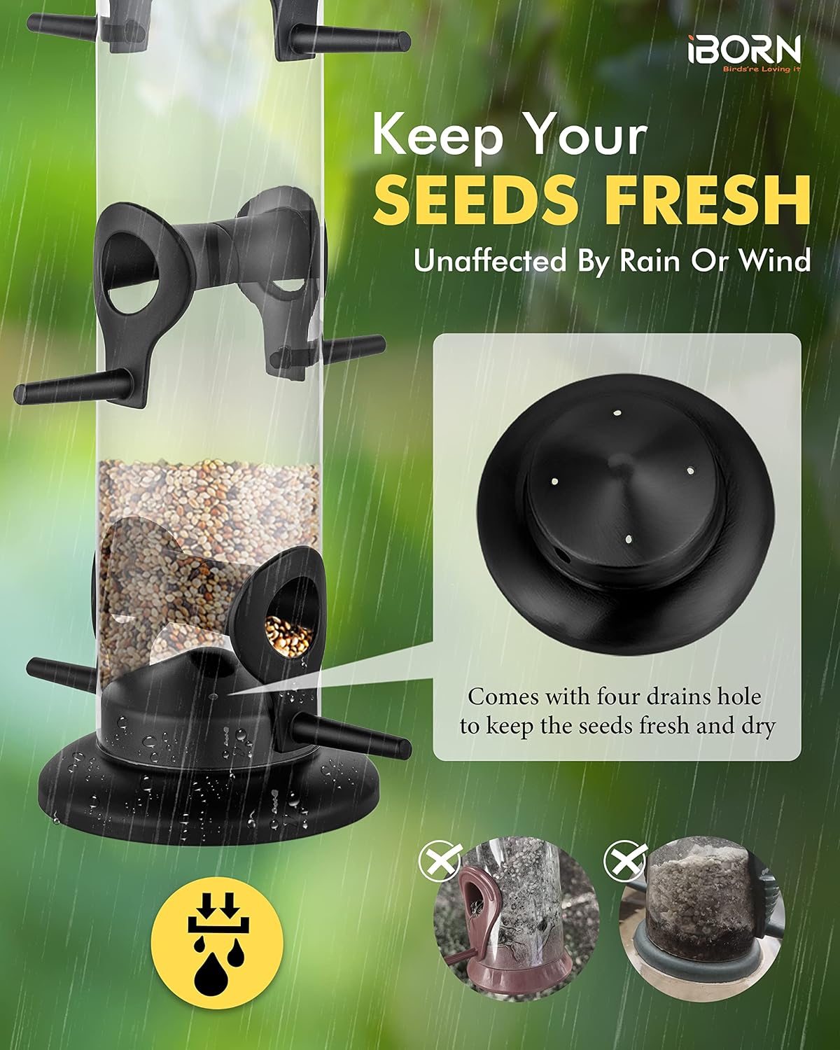 iBorn Bird Feeders for Outdoors 15" 6 Ports Chew-Resistant, Black, 1PK