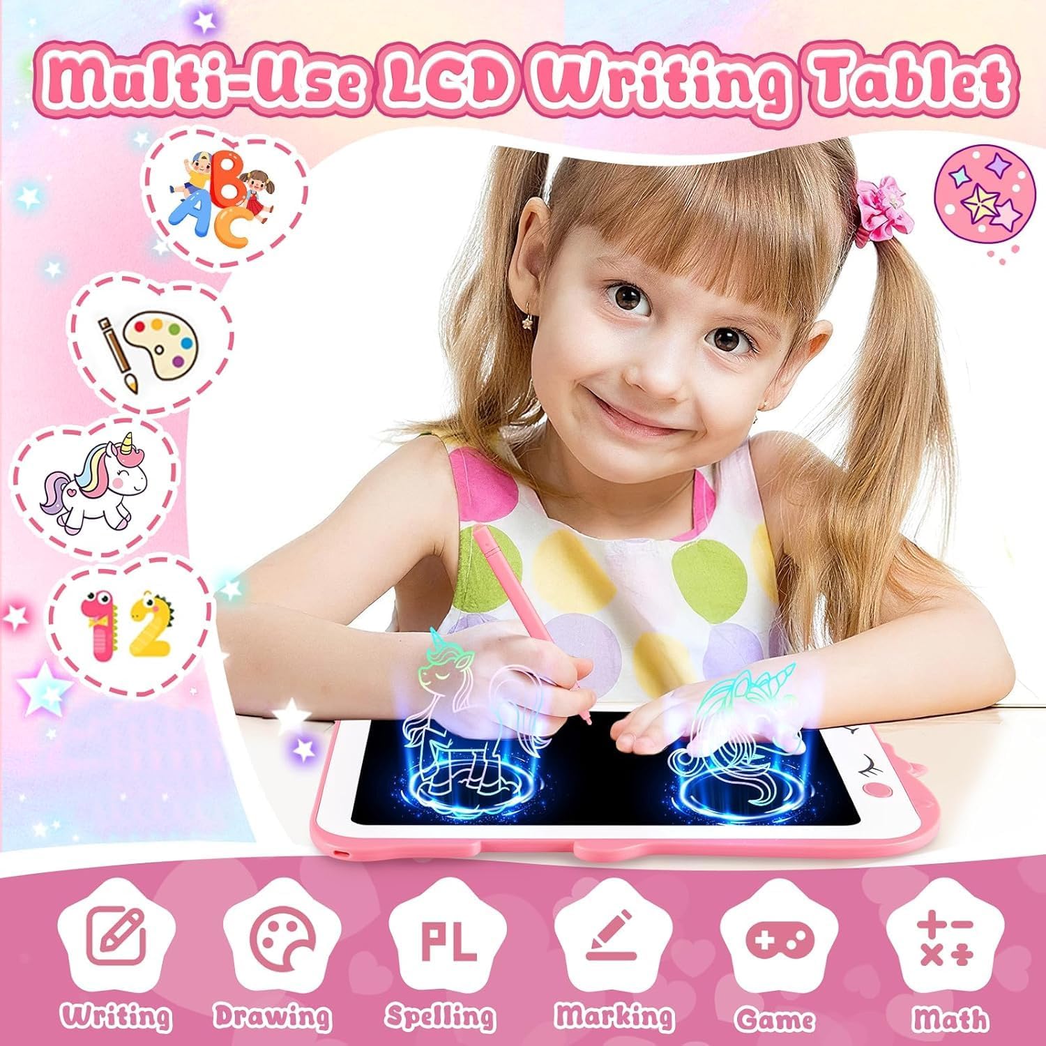 Teriph LCD Writing Tablet for Kids, Unicorn Girl Toys, Toddlers Toys Drawing Board, Educational Doodle Pad Kid Toy for 3 4 5 6 7 8 Year Old Girls Boys Easter Birthday Party Xmas Gift, 8.5inch & Pink