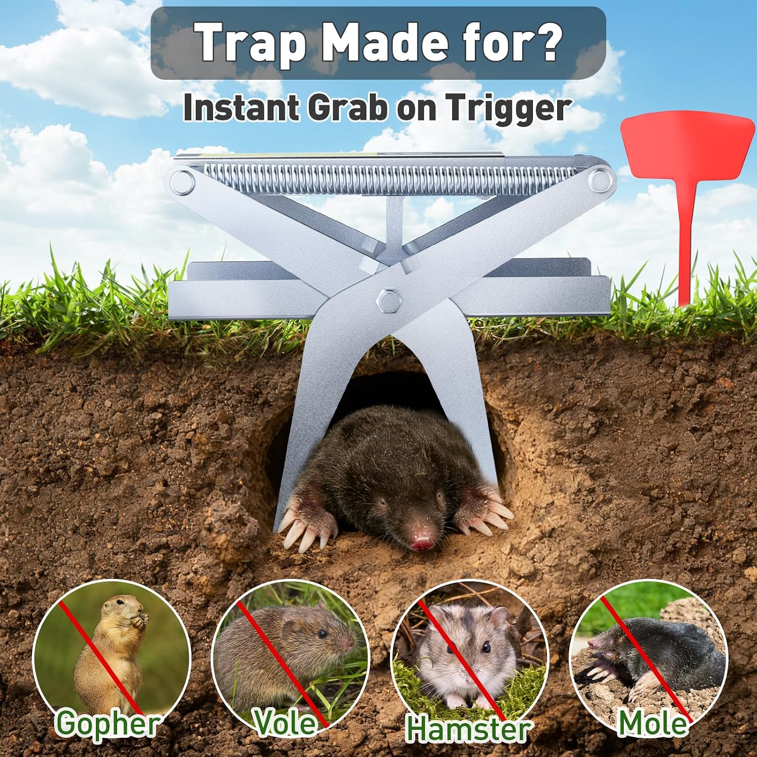 Mole Traps, 2 Pack Scissor Mole Trap with Rust-Proof Steel & High-Resilience Spring, Reusable Outdoor Mole Killer for Lawn, Garden & Farm, One-Step Setup, Quick Capture Gopher & Vole Trap