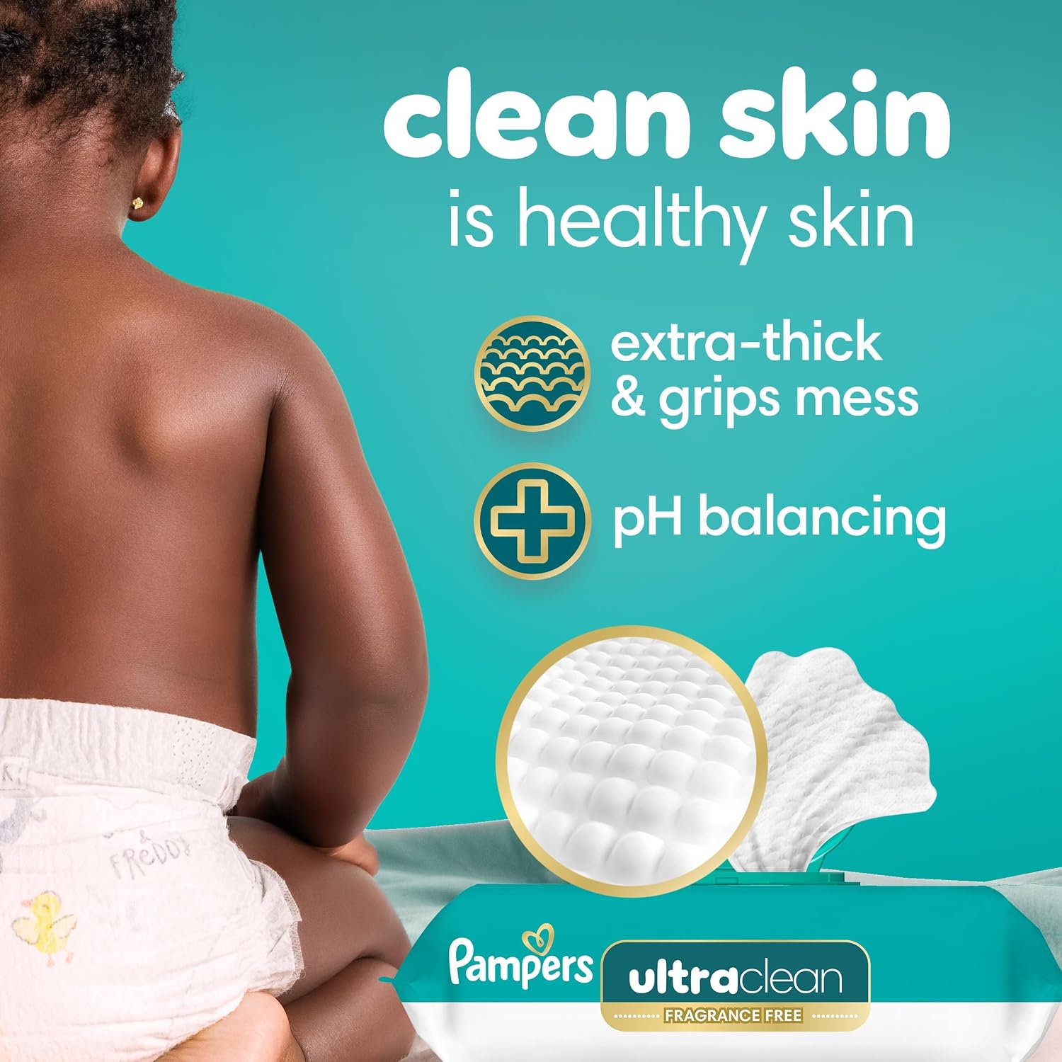 Pampers Ultraclean Baby Wipes, Unscented, Fragrance Free, Water Based, Hypoallergenic, Extra Thick & Grips Mess, 100% Plant Based, 624 Wipes Total (8X Flip-Top Packs)