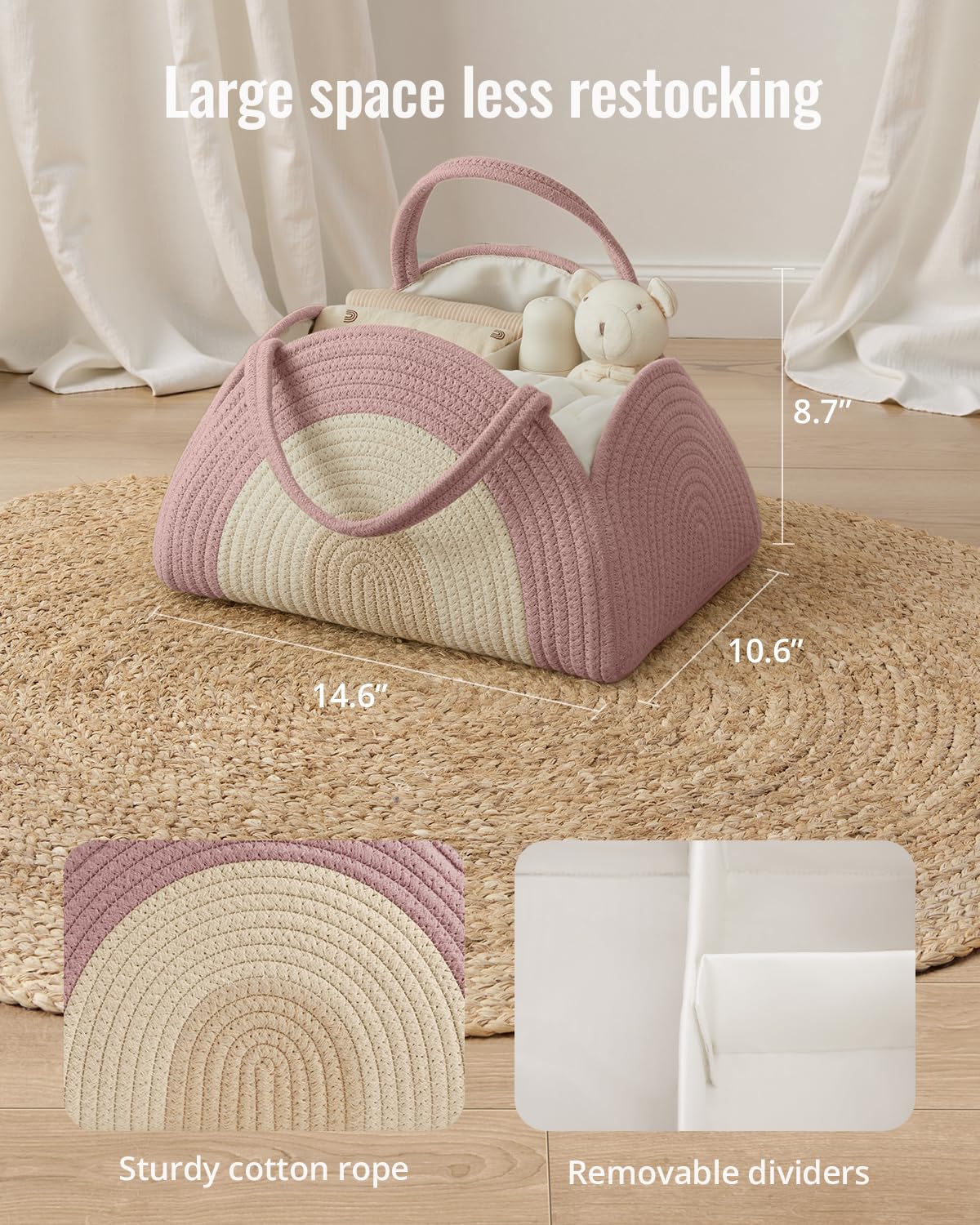 Blissful Diary Diaper Caddy Organizer, Woven Cotton Rope, Blush Rainbow