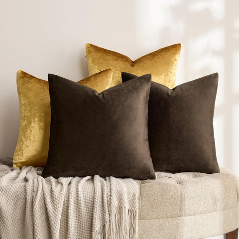 GIGIZAZA Pack of 4 Decorative Velvet Pillow Covers 18x18 Brown Gold