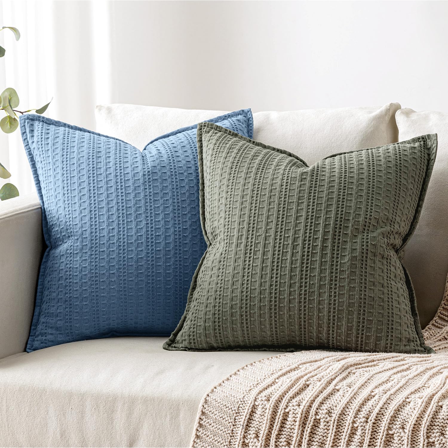 Decorative Waffle Throw Pillow Covers 18x18 Blue 2 Pack