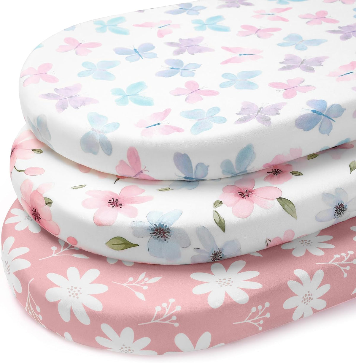 Baby Bassinet Sheets Girl, 3 Pack Fitted Bassinet Mattress Sheets, Compatible with Halo Bassinest Swivel Sleeper&Oval Hourglass Rectangle Mattress,Ultra Soft Butterfly Floral