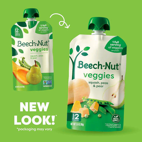 Beech-Nut Baby Food Pouches, Squash Peas Pears Veggie Puree Baby & Toddler Food, 3.5 oz (24 Pack)