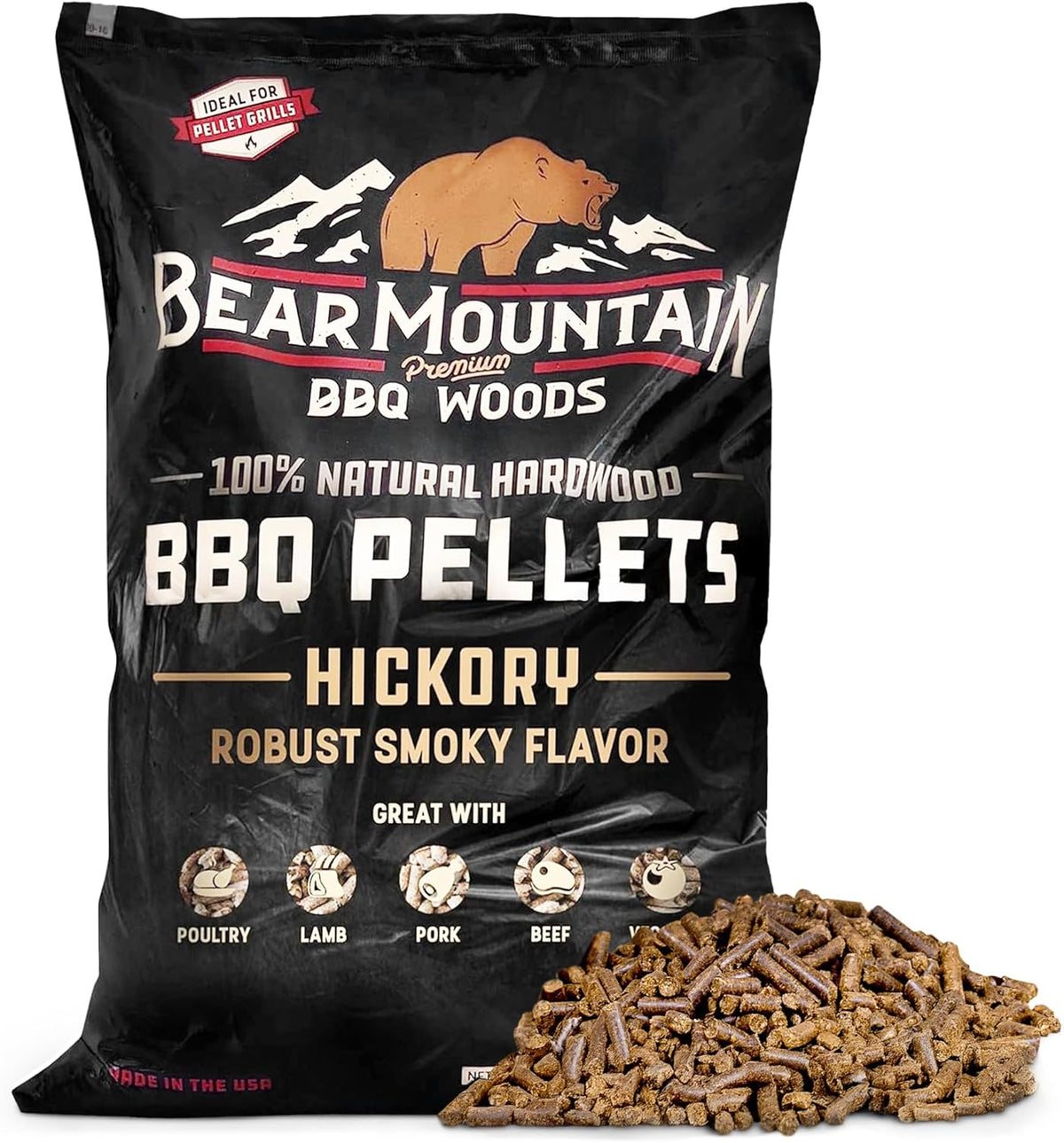 Bear Mountain Hickory Wood Pellets for Smoker and Grill, 40lb Bag