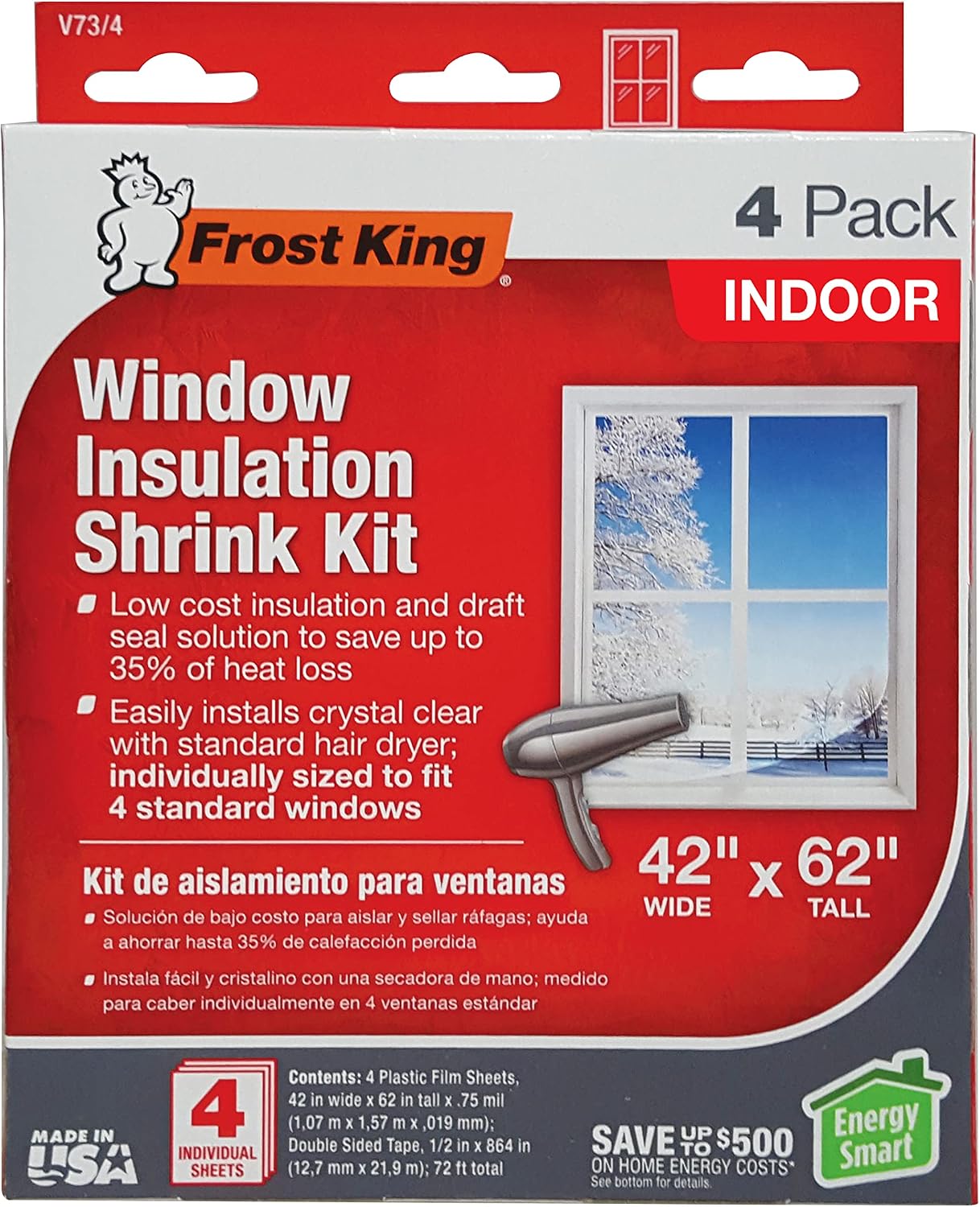 Frost King V73/4T Shrink Film Window KIT, 4-Pack, Clear, Transparent, 42"W x 62"T