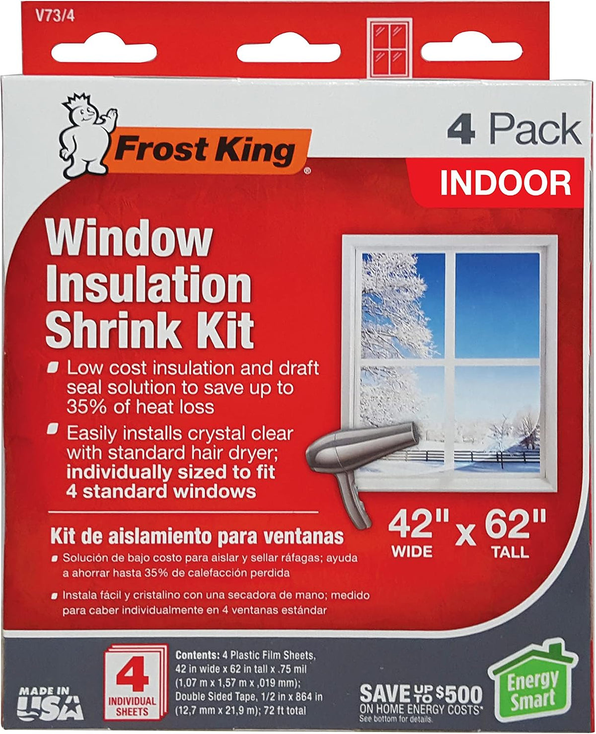 Frost King V73/4T Shrink Film Window KIT, 4-Pack, Clear, Transparent, 42"W x 62"T