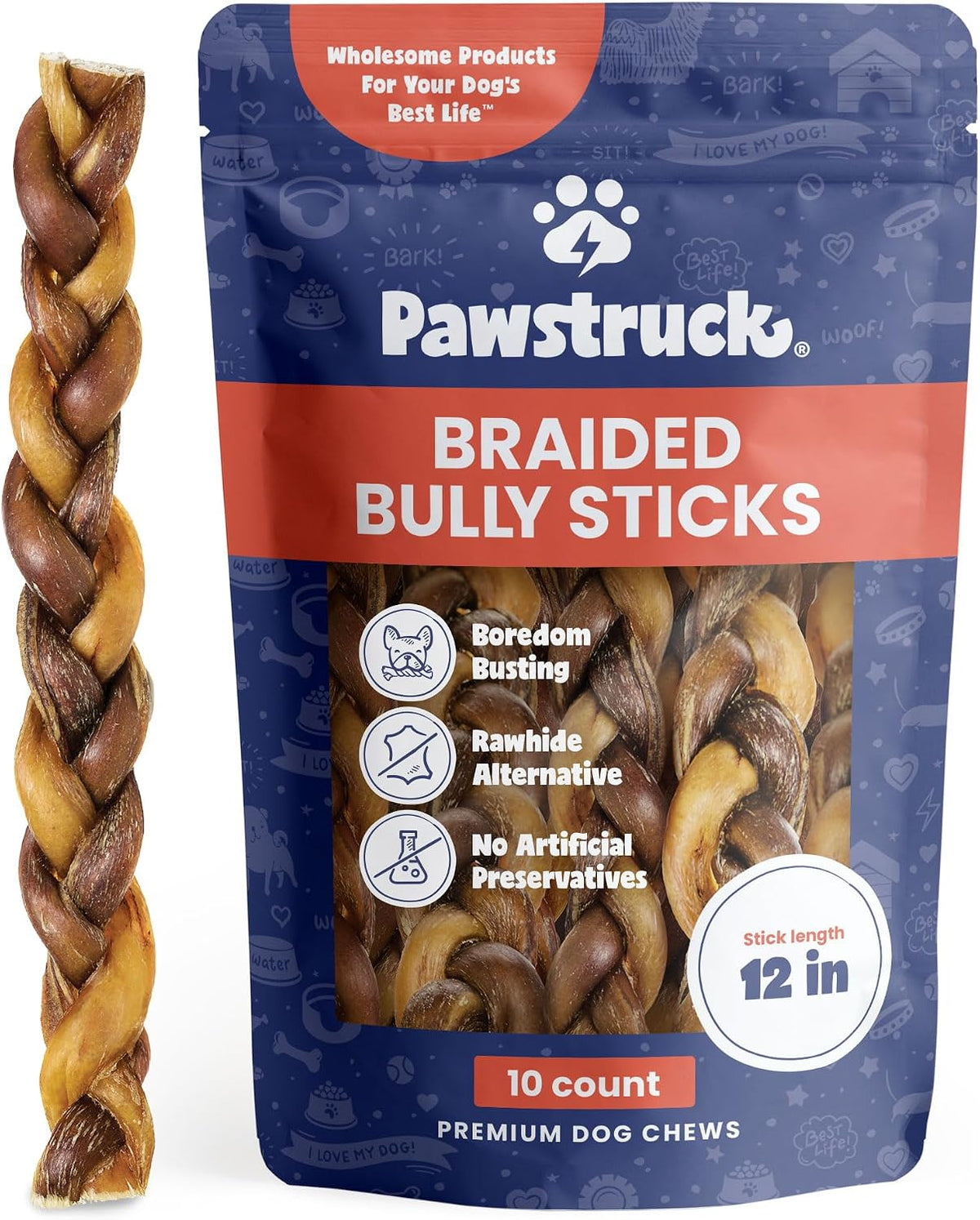 Pawstruck 12" Braided Bully Sticks 100% Natural, Long Lasting, 10 Count