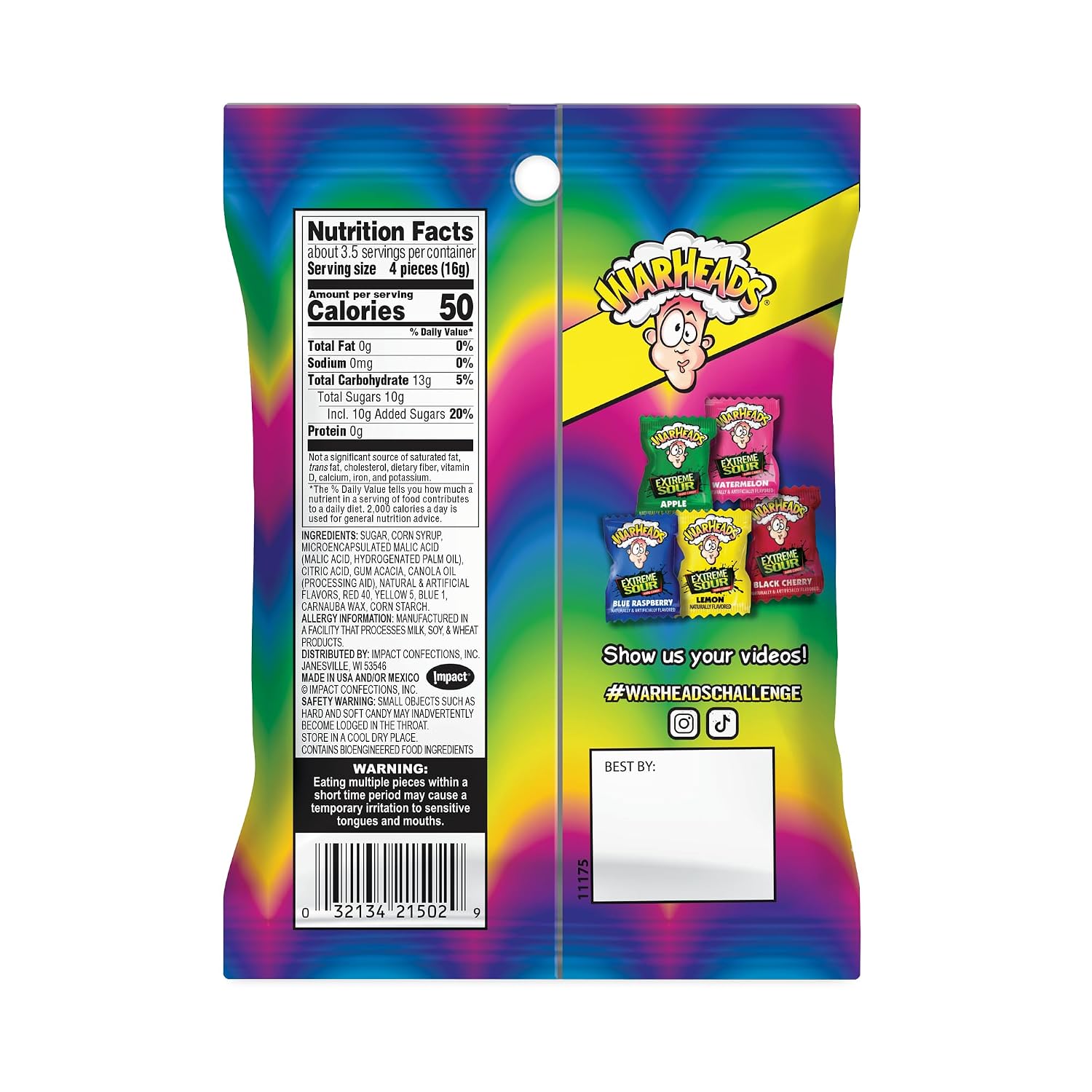 WARHEADS Extreme Sour Hard Candy Assorted Flavors 2 oz Portable Bag