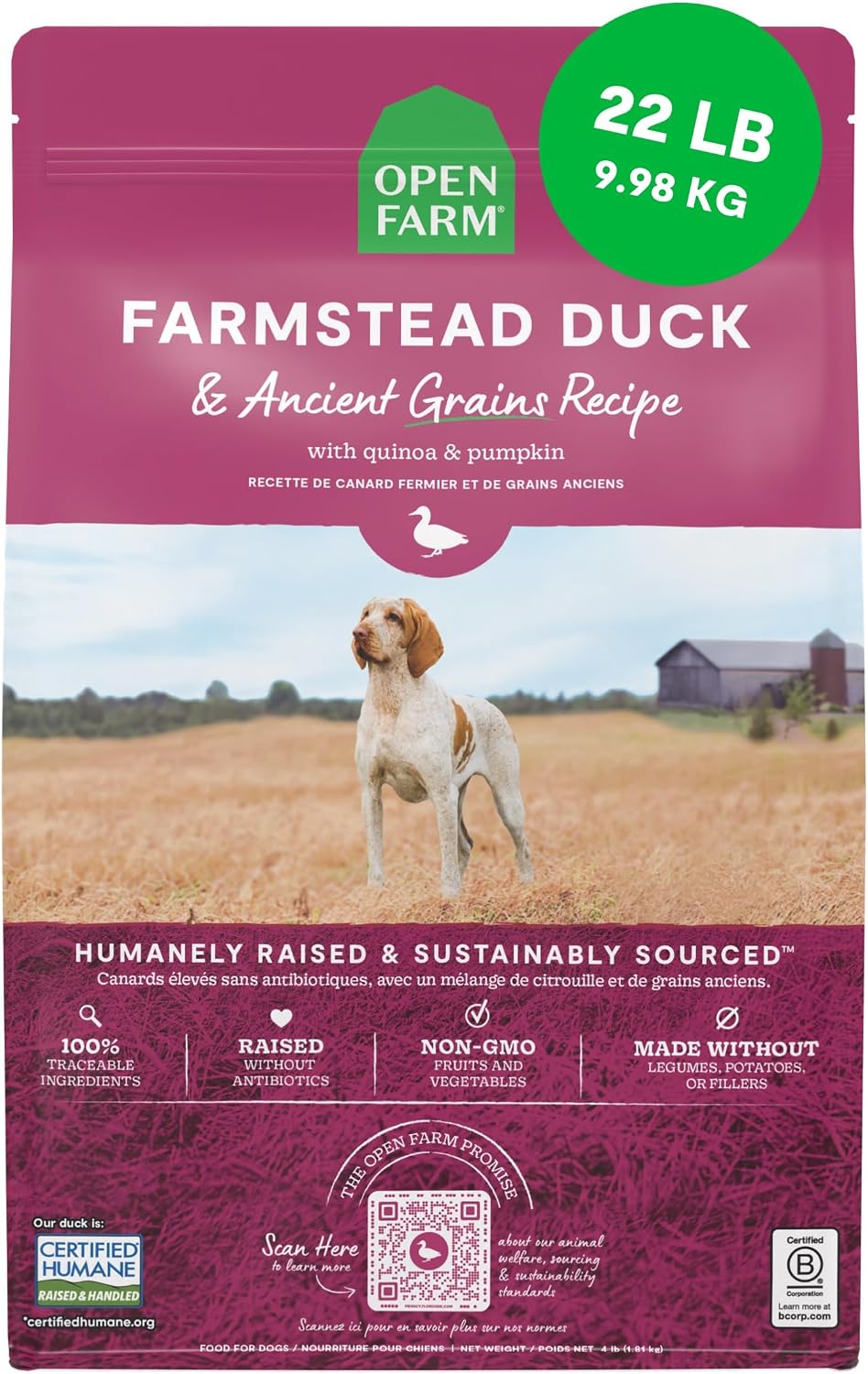 Open Farm Ancient Grains Dry Dog Food, Farmstead Duck Kibble, 22lb Bag