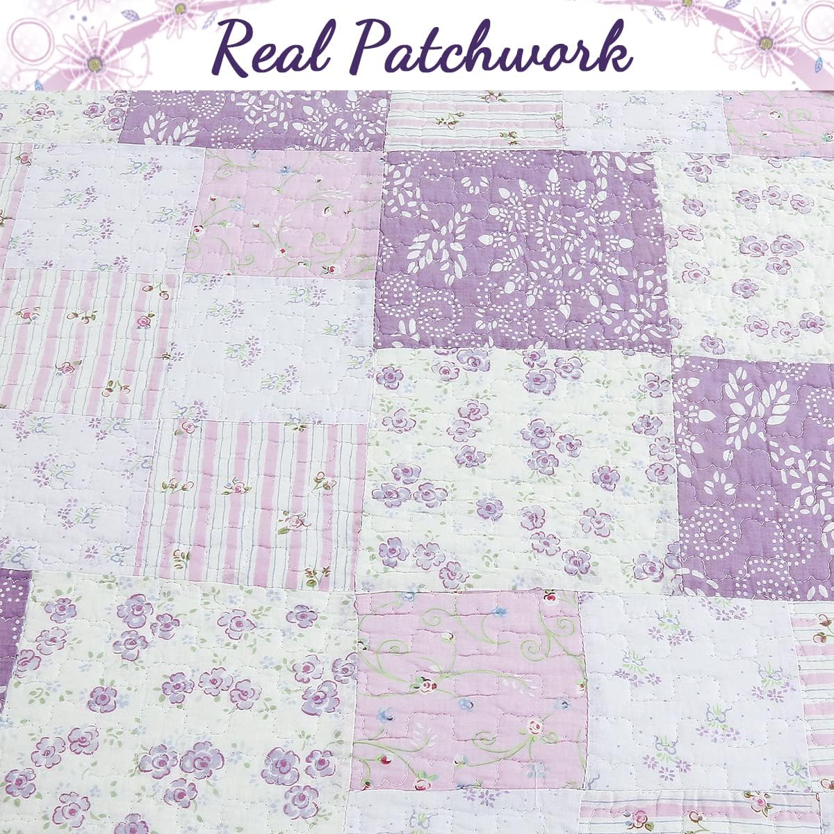 Cozy Line Home Fashions 100% Cotton Hand Piecing Real Patchwork Love of Lilac Bedding Quilt Set, Purple Orchid Lavender Chic Lace Floral Reversible Coverlet, Bedspread (Lilac, Twin - 2 Piece)