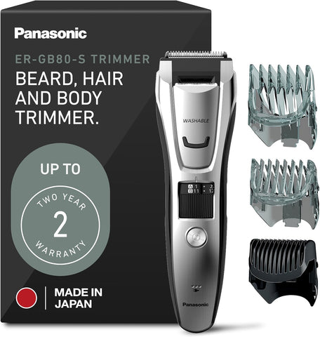 Panasonic Multi-Groomer Electric Beard Trimmer for Men, Men’s Trimmer for Beard, Hair and Body, 39 Trim Length Settings with 3 Attachments, Corded/Cordless Operation – ER-GB80-S (Silver)