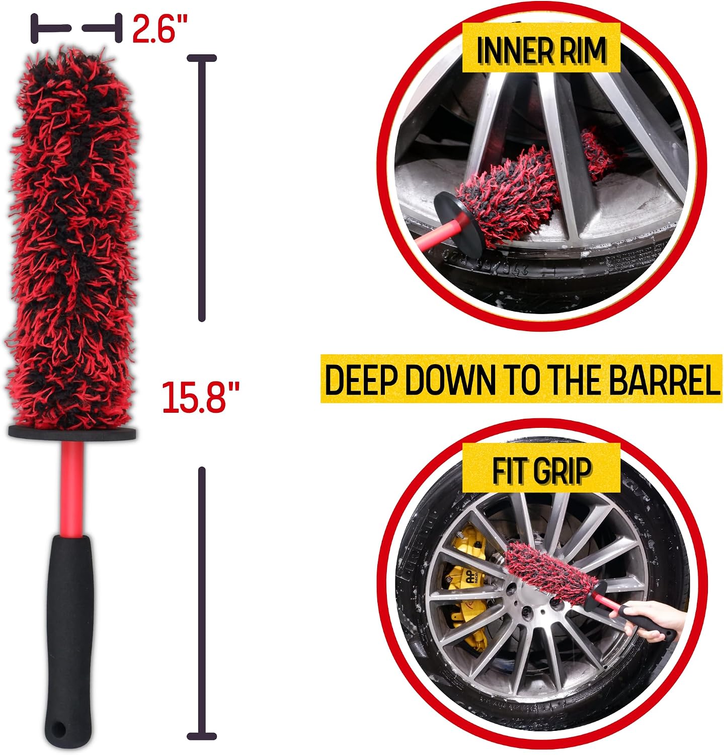 oesee Professional 4 Pack Long Handle Wheel Brush Kit for Cleaning Wheel and Tire- 2X Soft Wheel Cleaning Brush, Detailing Brush and Stiff Tire Brush, Bendable& Durable Wheel Rim Cleaner Brush Set