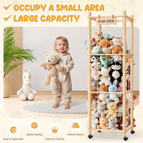 Stuffed Animal Zoo Organizer with Wheels, Plush Storage Cage