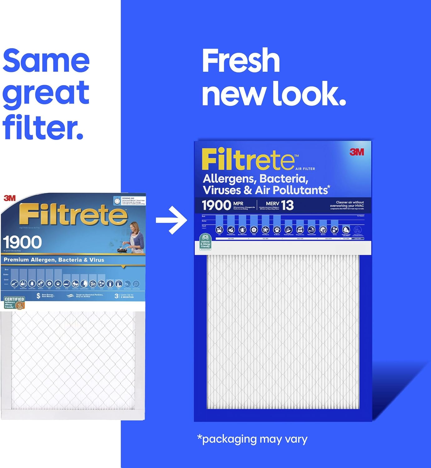 Filtrete 20x20x1 Air Filter, MERV 13 MPR 1900, Allergens, Bacteria, Viruses & Air Pollutants, 3-Month AC/Furnace Filters, Cleaner Air Reliable Airflow, 2 HVAC Filters(Act Size 19.62x19.62x0.78 in)