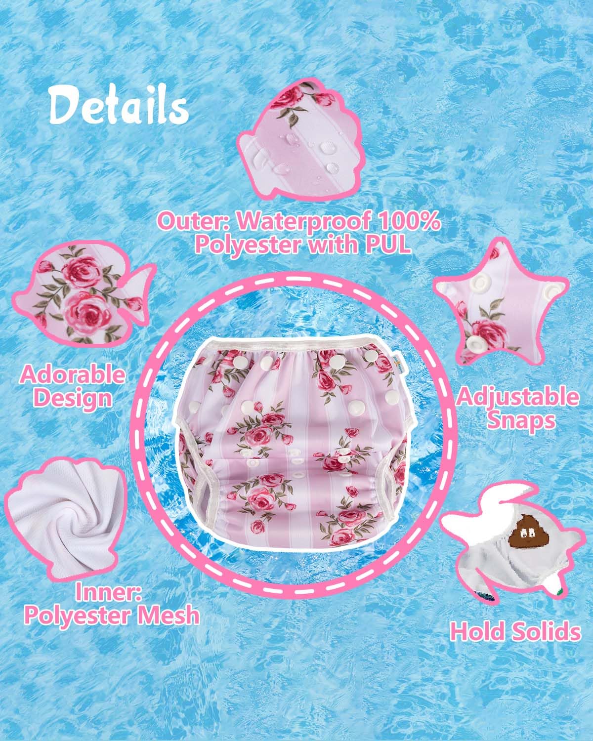 Babygoal Reusable Baby Girl Swim Diapers 3 Pack - Adjustable Washable for 0-8 Months Infants - Ideal for Swimming Lessons - Flower Design