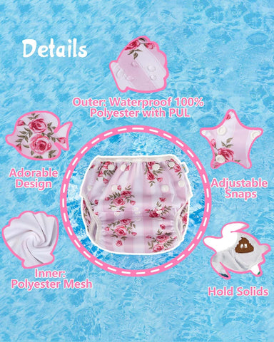 Babygoal Reusable Baby Girl Swim Diapers 3 Pack - Adjustable Washable for 0-8 Months Infants - Ideal for Swimming Lessons - Flower Design