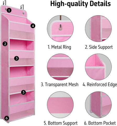 Giraffe Creation Pink Over Door Organizer with 4 Front Pockets, Compact Hanging Door Storage for Nursery, Bedroom, Bathroom, Closet, Baby Essentials