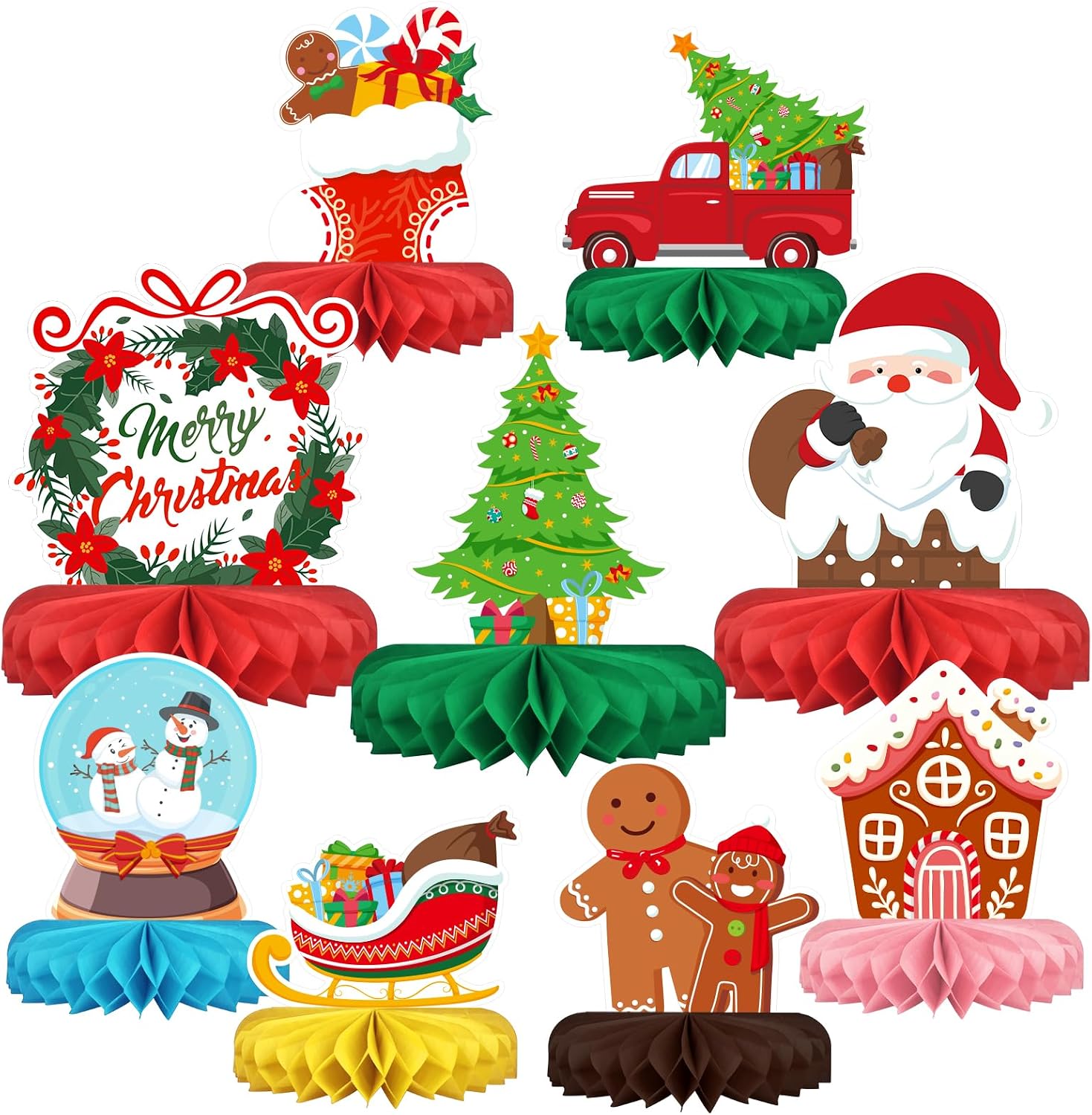 Merry Christmas Party Decorations Bundle - Includes Festive Christmas Honeycomb Centerpieces ，Santa Claus Snowman Table Toppers, Perfect for Classroom Decor, Christmas & Winter Birthday Party Supplies