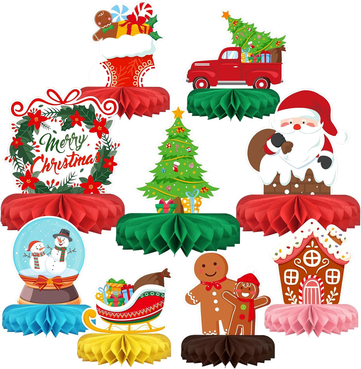 Merry Christmas Party Decorations Bundle - Includes Festive Christmas Honeycomb Centerpieces ，Santa Claus Snowman Table Toppers, Perfect for Classroom Decor, Christmas & Winter Birthday Party Supplies