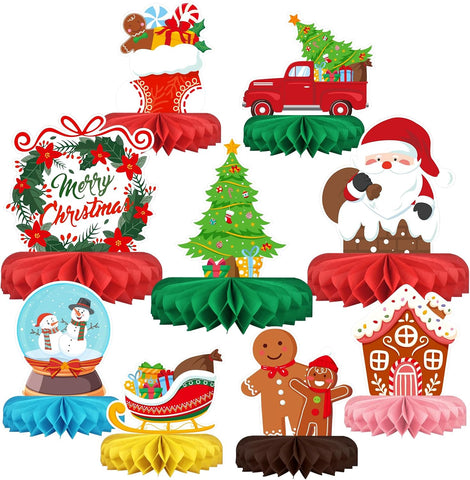 Merry Christmas Party Decorations Bundle - Includes Festive Christmas Honeycomb Centerpieces ，Santa Claus Snowman Table Toppers, Perfect for Classroom Decor, Christmas & Winter Birthday Party Supplies