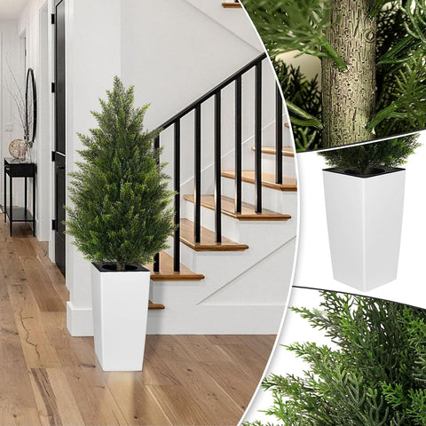 4FT Tall 2 Pack Artificial Cedar Topiary Trees with Compact Pyramidal Shape, Realistic Faux Cypress in Square White Pot with Fillable Water Bag, Outdoor Evergreen for Front Porch Garden Home Decor