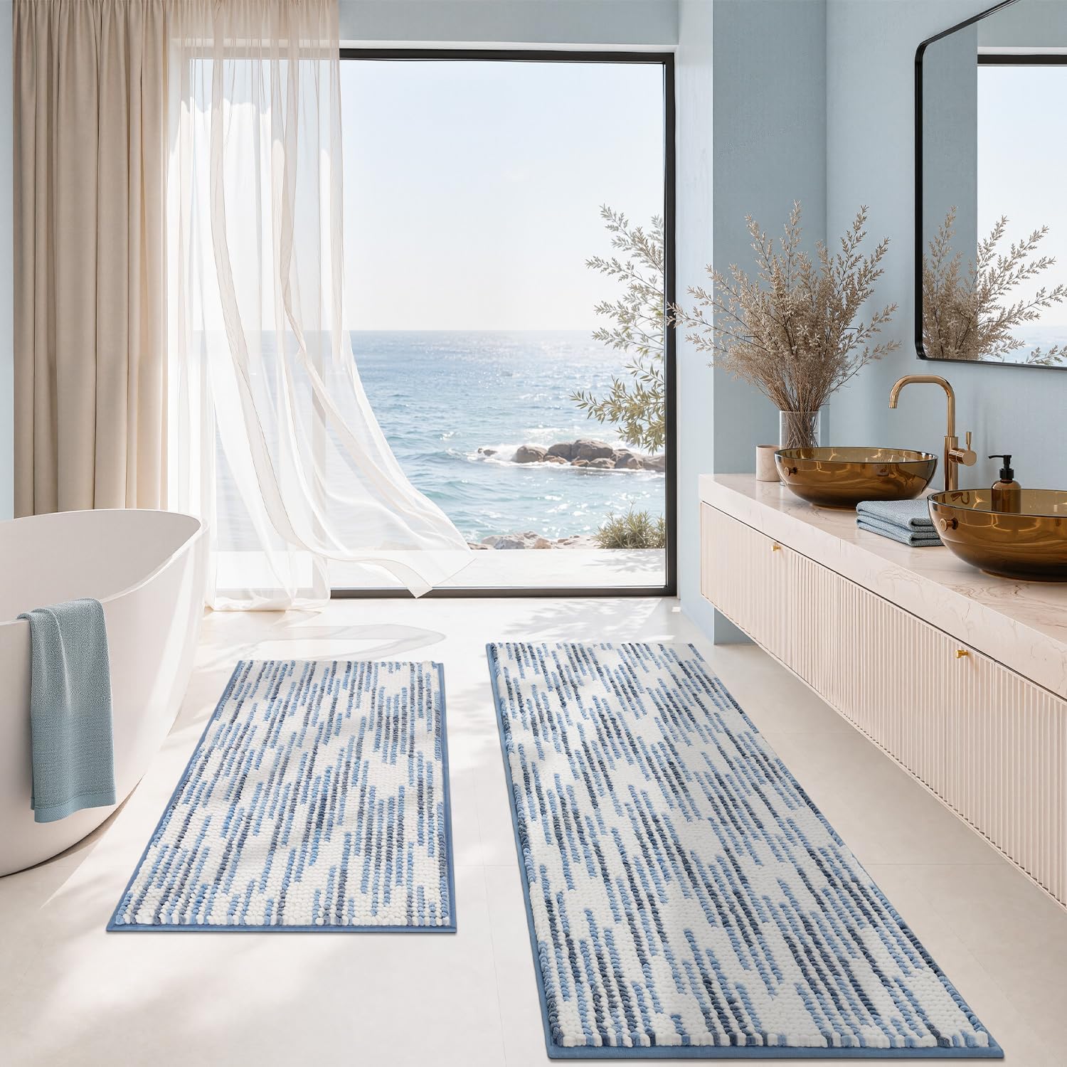 BSICPRO Bathroom Rugs Sets 2 Piece, Modern Bath Mat 20"x47"+20"x32", Blue