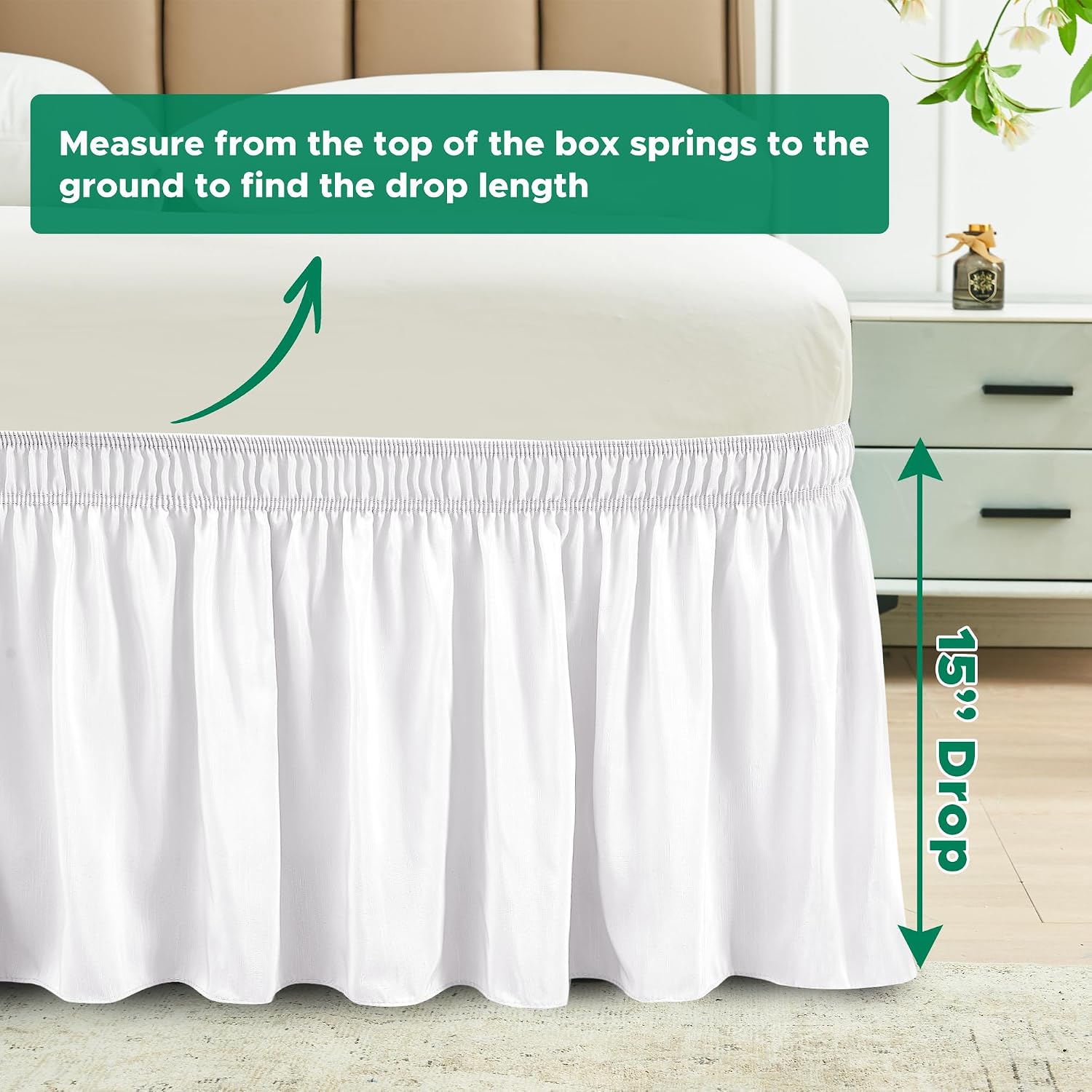 Wrap Around Bed Skirt King Size 15 Inch Drop-Elastic Dust Ruffle White