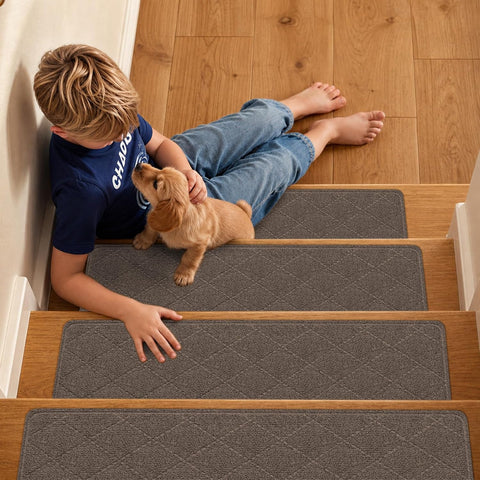 Stair Treads Non-Slip for Wooden Steps, 4Pack - 8" x 30" Edging Stair Runner Indoor for Kids Elders & Pets, Washable Carpet Stair Treads with Peel & Stick Reusable TPE Backing, Brown