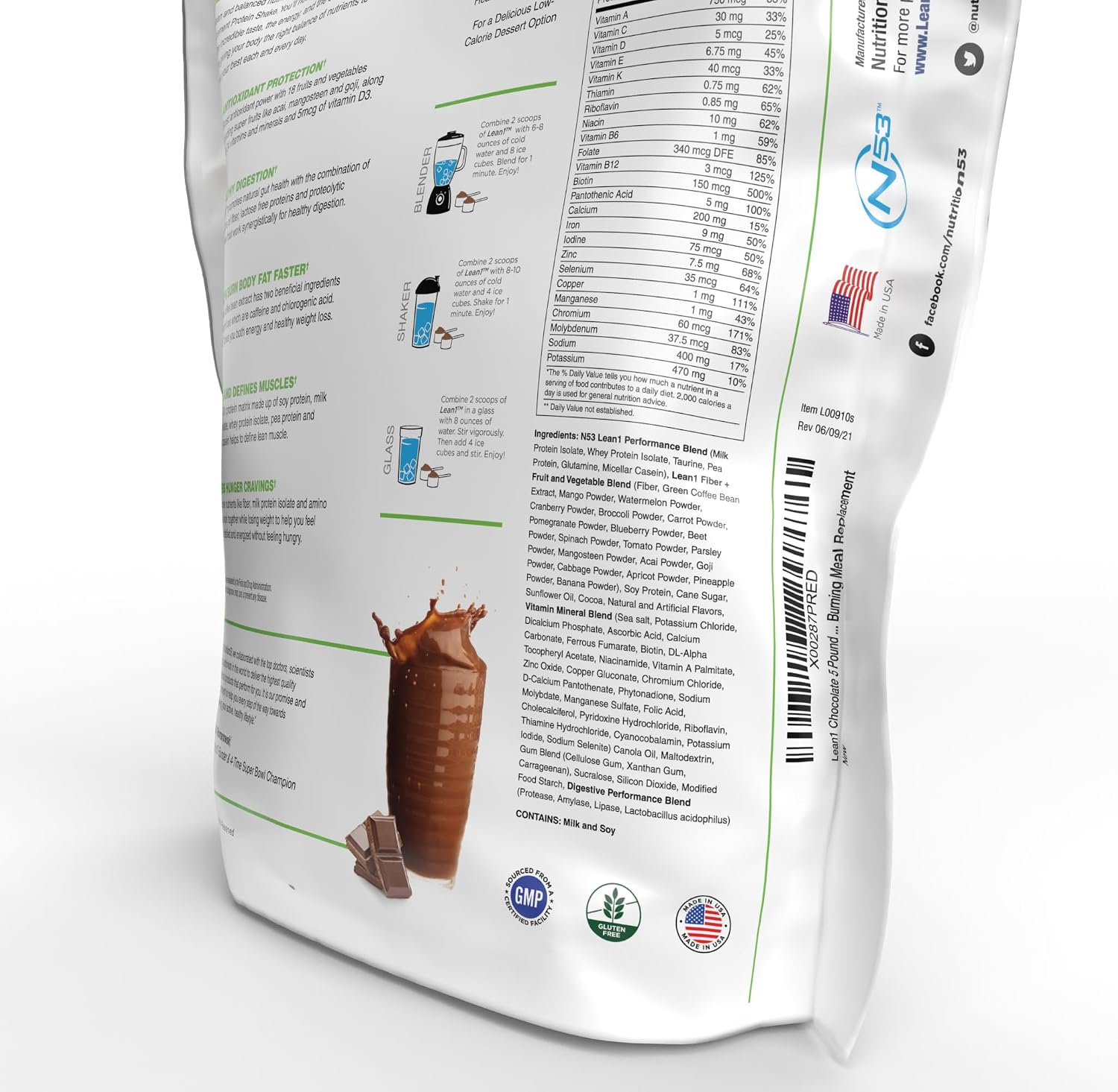 Lean1 Chocolate, Meal Replacement Protein Shake, 37 Servings in a 5lb Bag