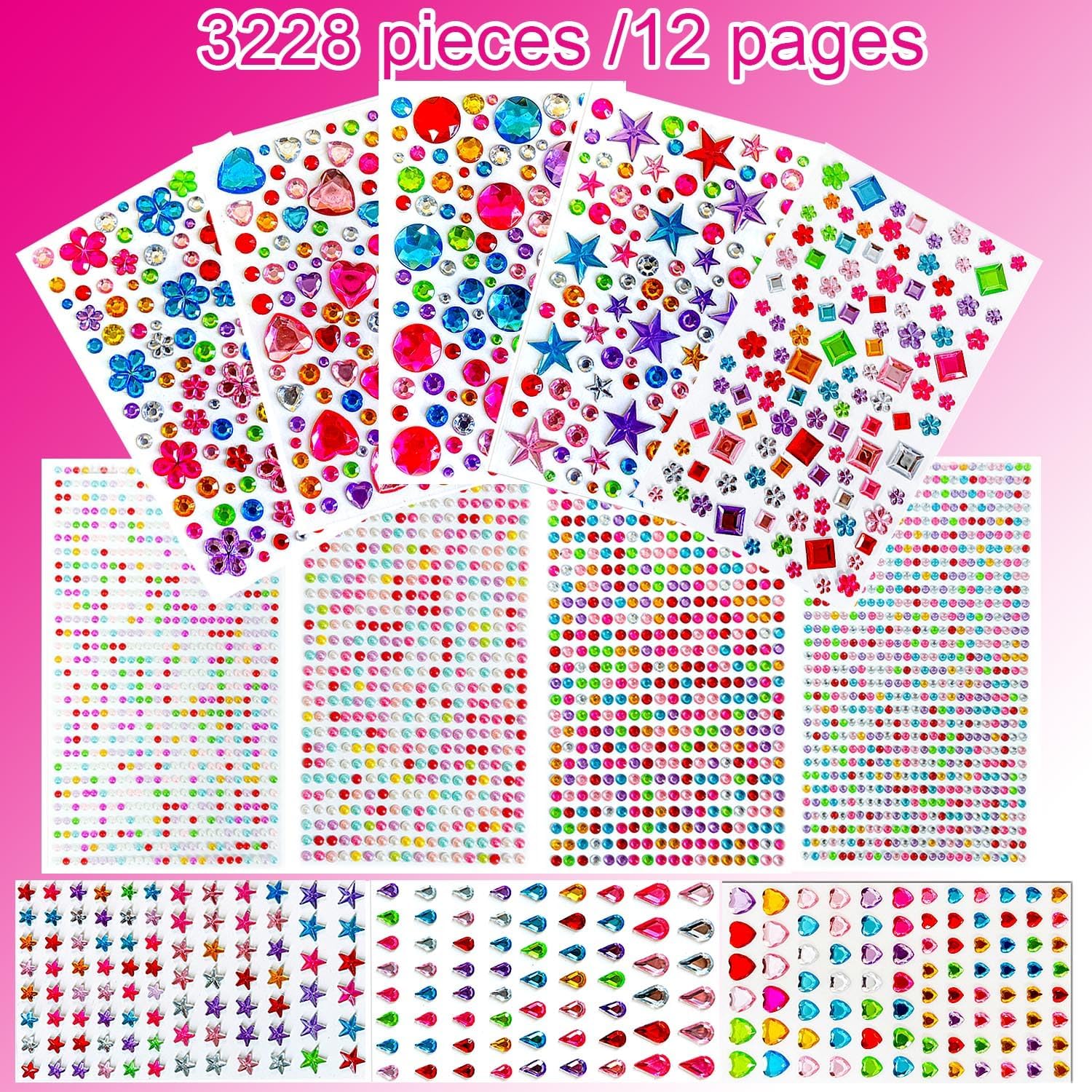 3228pcs Gems Stickers, Self Adhesive Rhinestone Jewel Gems