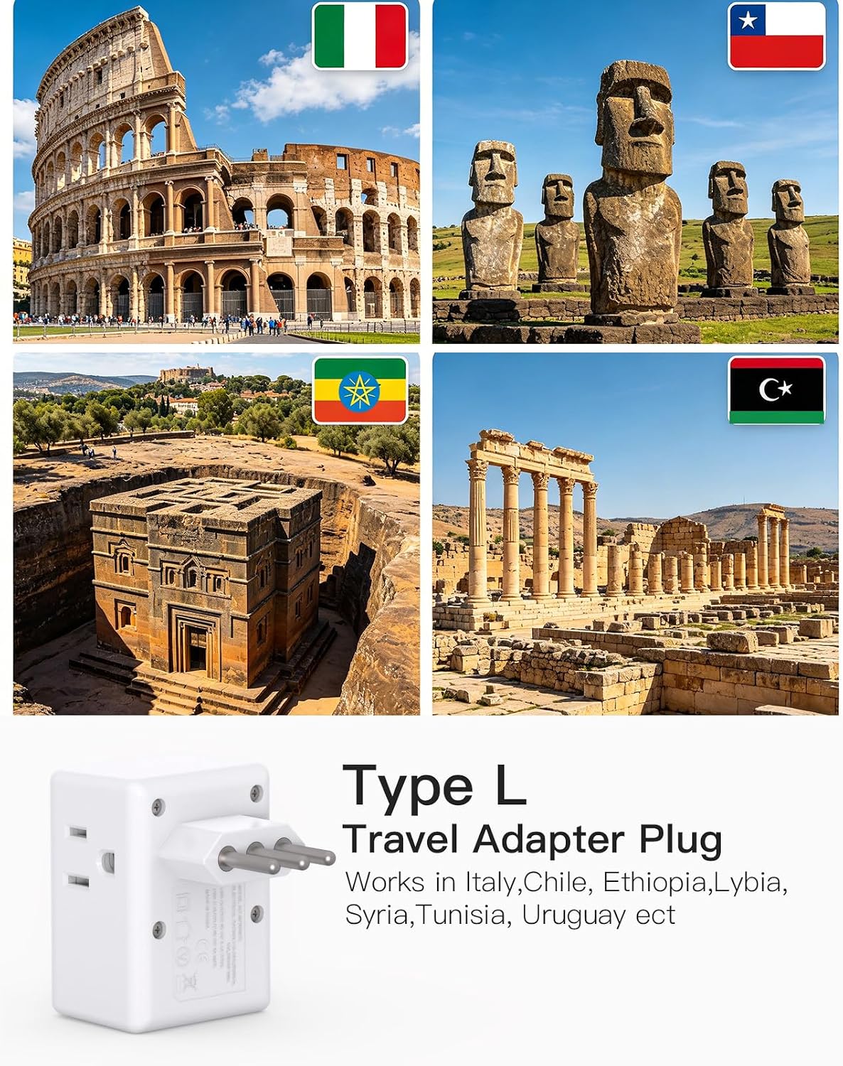 2 Pack Italy Travel Plug Adapter, Type L Power Adapter for Chile, Cuba, Ethiopia, Libya, San Marino, Syria, Uruguay, Vatican City, Travel Essentials