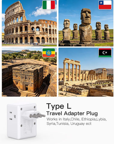 2 Pack Italy Travel Plug Adapter, Type L Power Adapter for Chile, Cuba, Ethiopia, Libya, San Marino, Syria, Uruguay, Vatican City, Travel Essentials