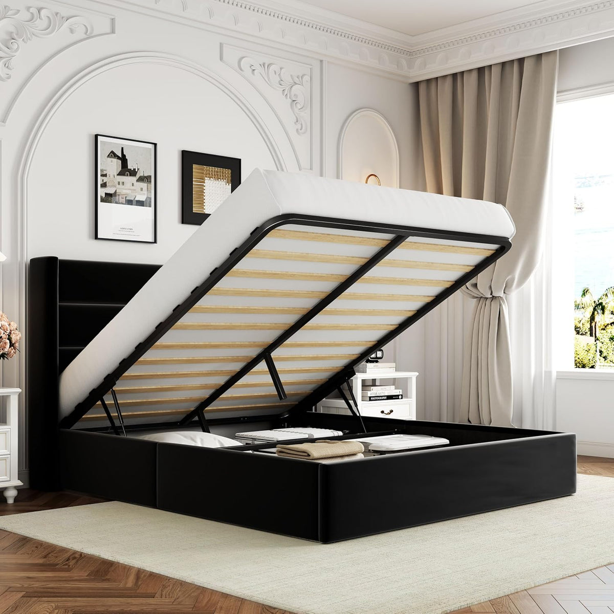 Allewie Queen Size Lift Up Hydraulic Storage Bed Frame Black