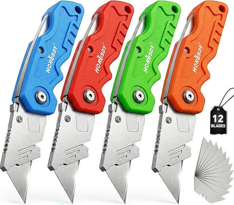 HORUSDY 4-Pack Box Cutter Utility Knife, Heavy Duty Aluminum Shell Retractable Box Cutter for Cardboard, Boxes and Cartons, Extra 10 Blades