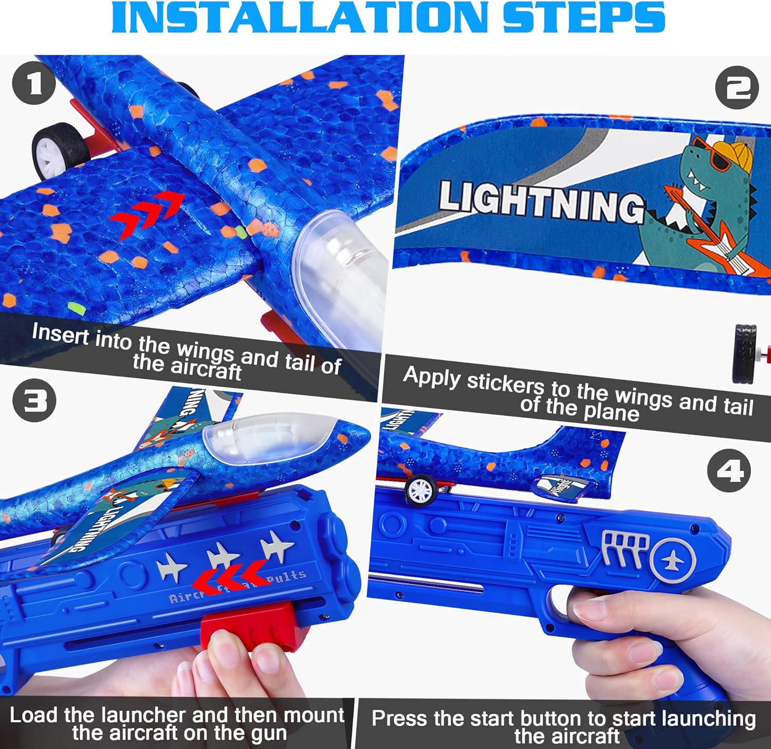 LJZJ 3pk LED Foam Plane Launcher, 2 Modes Outdoor Toy Gift Boys Girls 3+