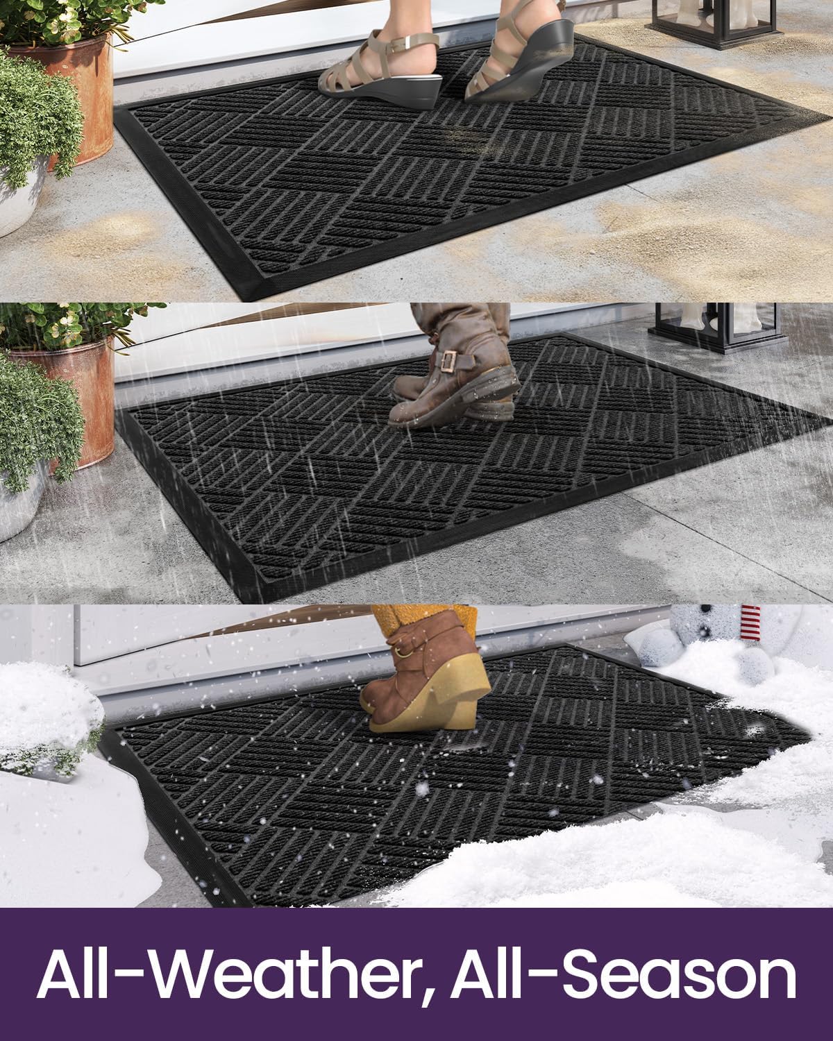 DEXI Front Door Mat Outside Entrance 17x29 Rubber Entry Doormat Black
