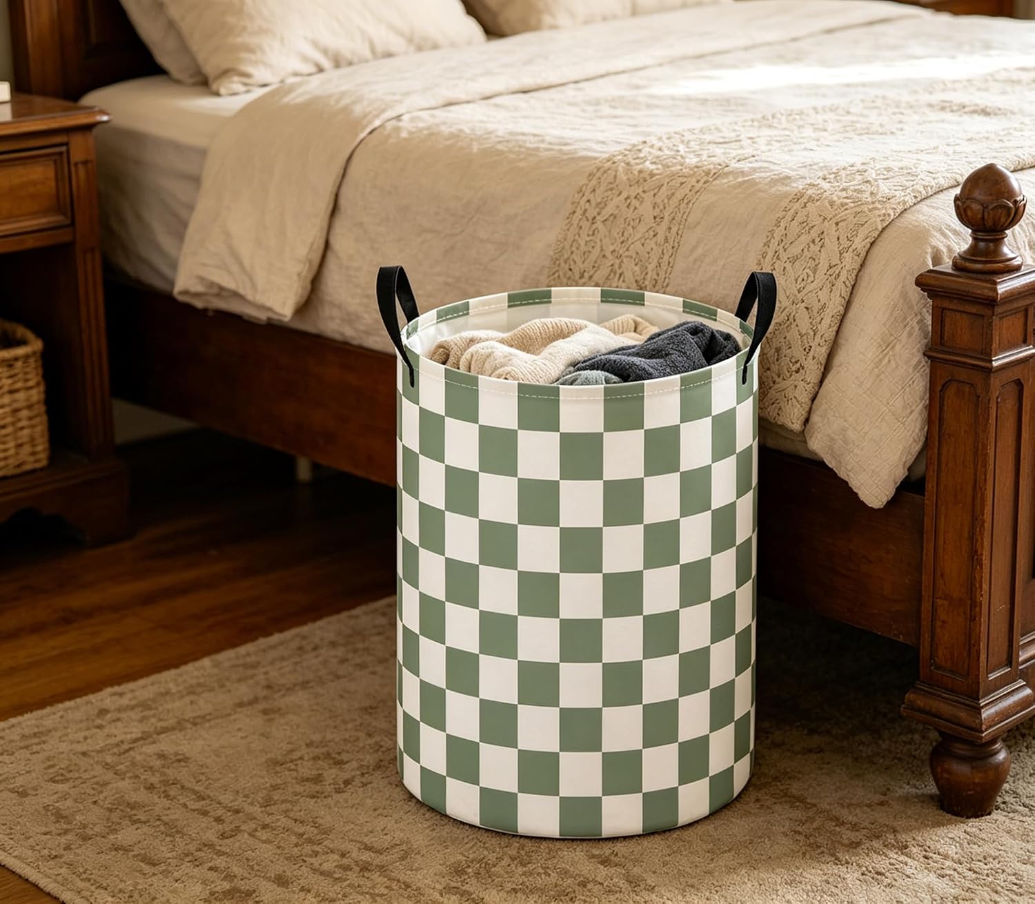 Baby Laundry Hamper Basket Baby Hamper for Nursery Boy and Girl Cute Storage Bin Organizer Boho Room Decor(Green Checkered)