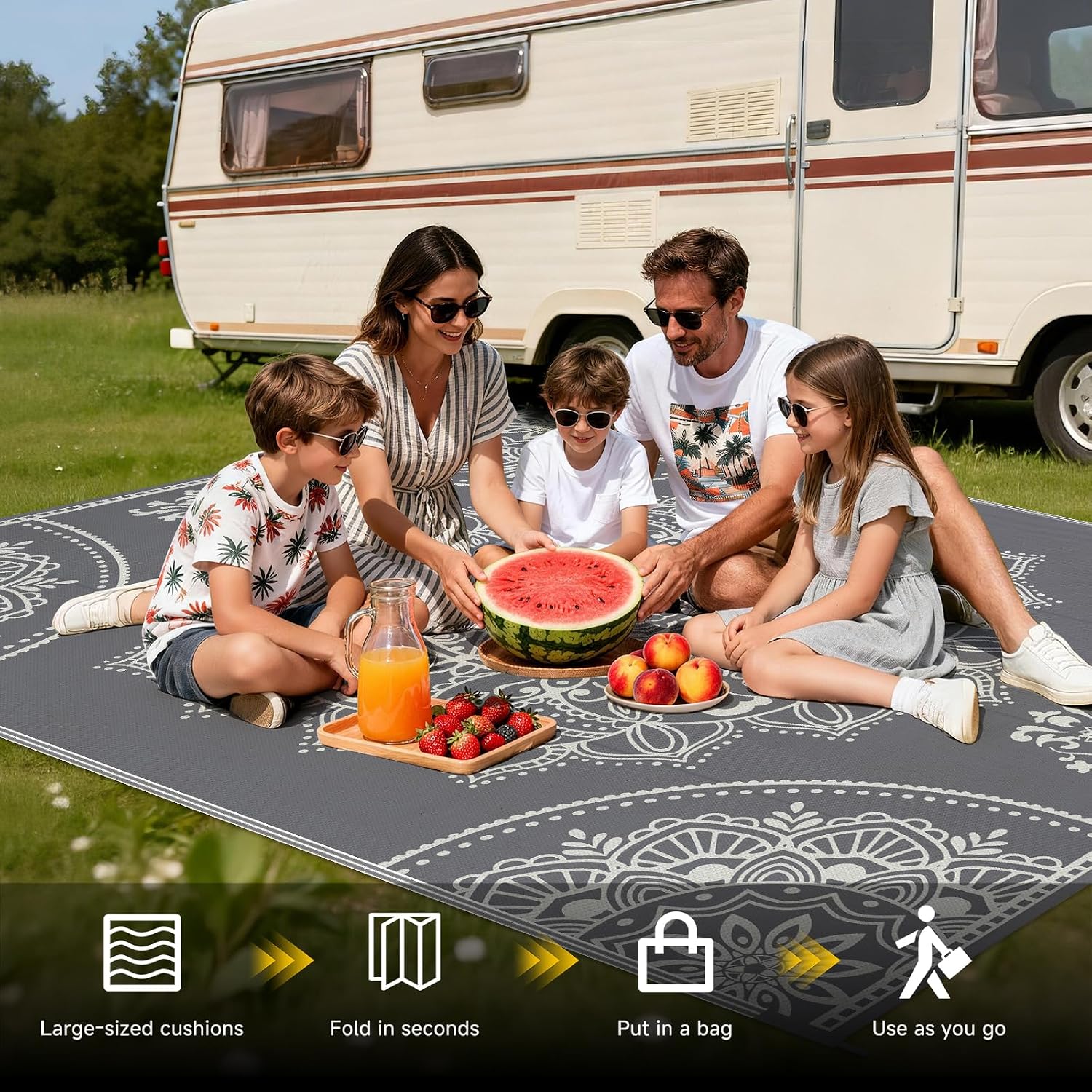 Pauwer Waterproof Outdoor Rug 6x9, Plastic Straw Patio Mat, Floral Grey