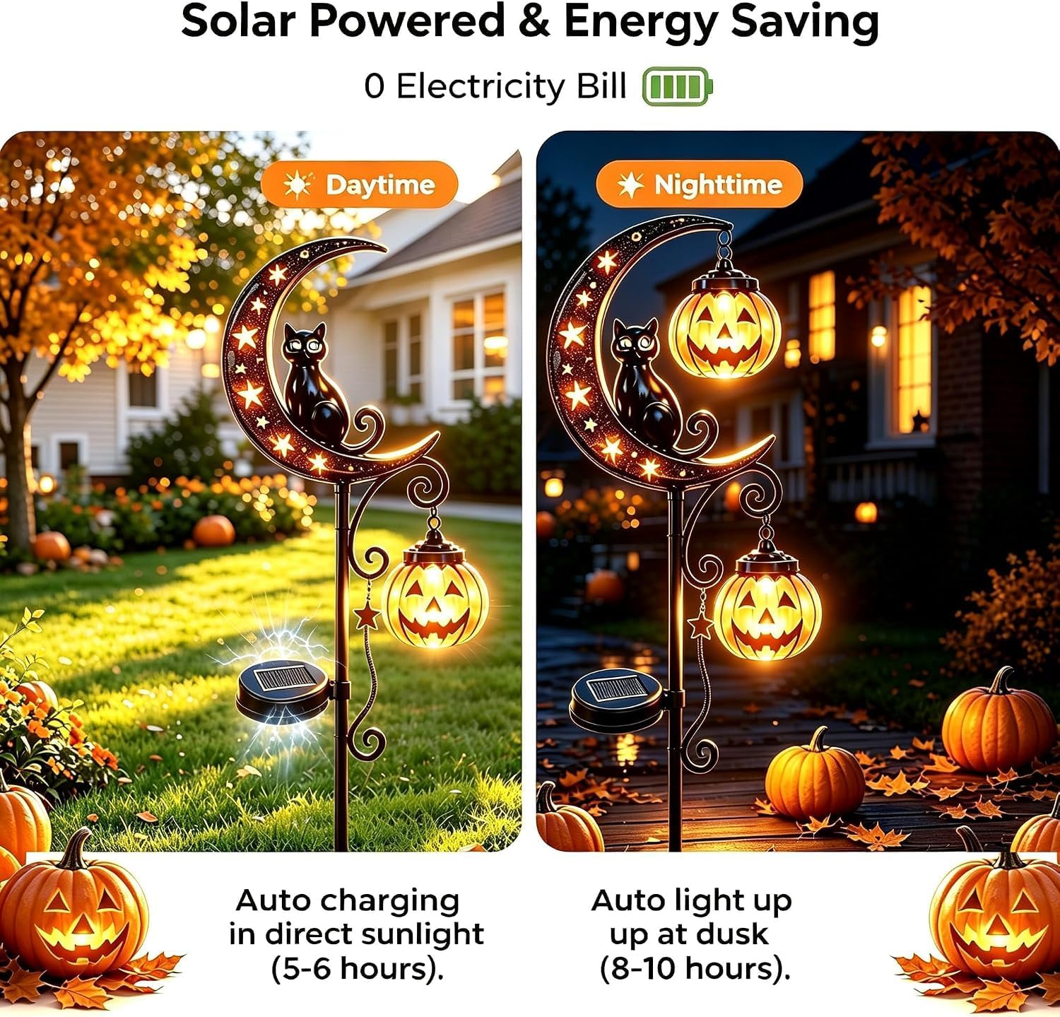 Solar Halloween Black Cat & Pumpkin Moon Garden Stake Light, Outdoor Waterproof LED Yard Decoration with Crescent Moon (Single Light A)