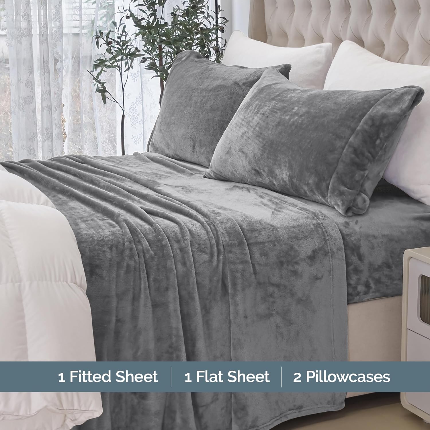 Elegant Comfort Luxuriously Soft 4-Piece Velvet Plush Flannel Sheet Set - Premium Quality - Cozy Warm, Anti-Static, Non Pilling Fuzzy Velvet Flannel Fleece Deep Pocket Sheet Set - King, Gray
