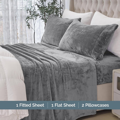 Elegant Comfort Luxuriously Soft 4-Piece Velvet Plush Flannel Sheet Set - Premium Quality - Cozy Warm, Anti-Static, Non Pilling Fuzzy Velvet Flannel Fleece Deep Pocket Sheet Set - King, Gray
