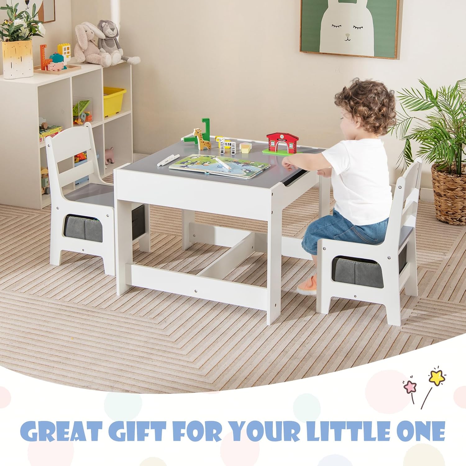 GLACER Kids Table and Chairs, 3 in 1 Wooden Activity Table with Storage, Reversible Tabletop, Chalkboard for Crafts, Drawing, Reading, Toddler Table and Chair Set for Playroom, Easy to Clean(Grey)